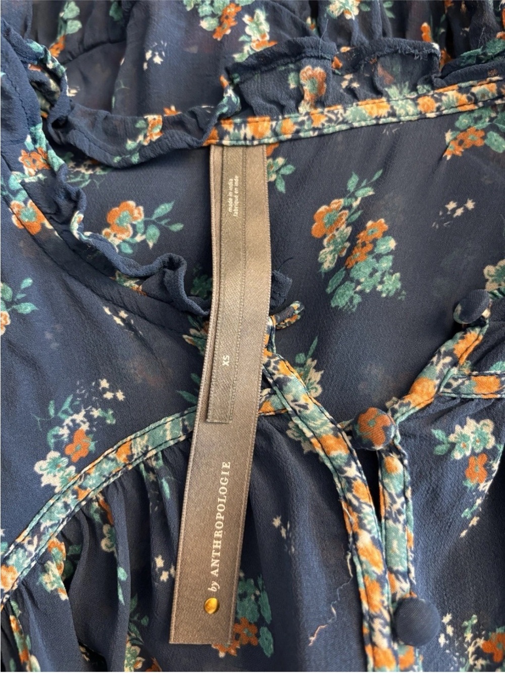 Anthropologie Sheer Babydoll Blouse Blue Floral XS Extra Small Boho Flutter Top - Picture 7 of 7